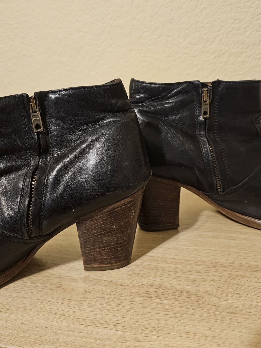 Madewell Black Leather Ankle Booties with Brown Stacked Heel - Picture 5 of 8
